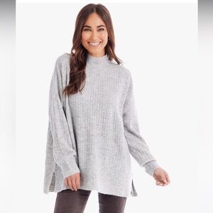 Mudpie Milo Gray Ribbed Mock Neck Split Hem Oversized Tunic Sweater NWT